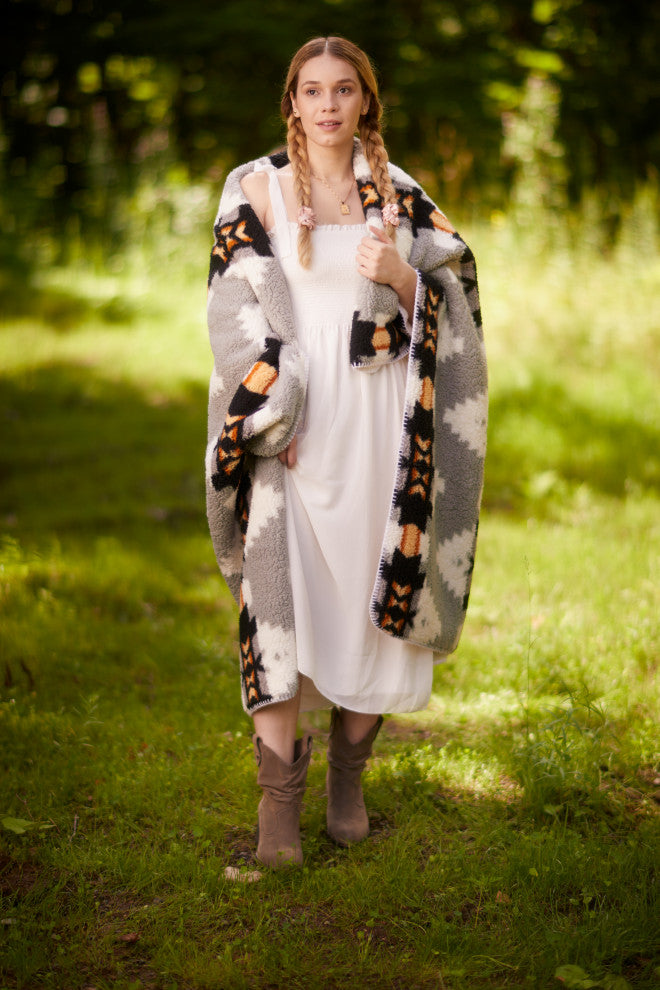 Sherpa Faux Throws 50"X60" Navajo Print Grey, Aztec Print Grey