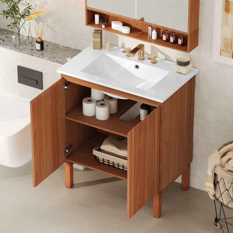 GDF Studio 30" Bathroom Vanity With Ceramic Sink & Free-Handle Doors, Natural