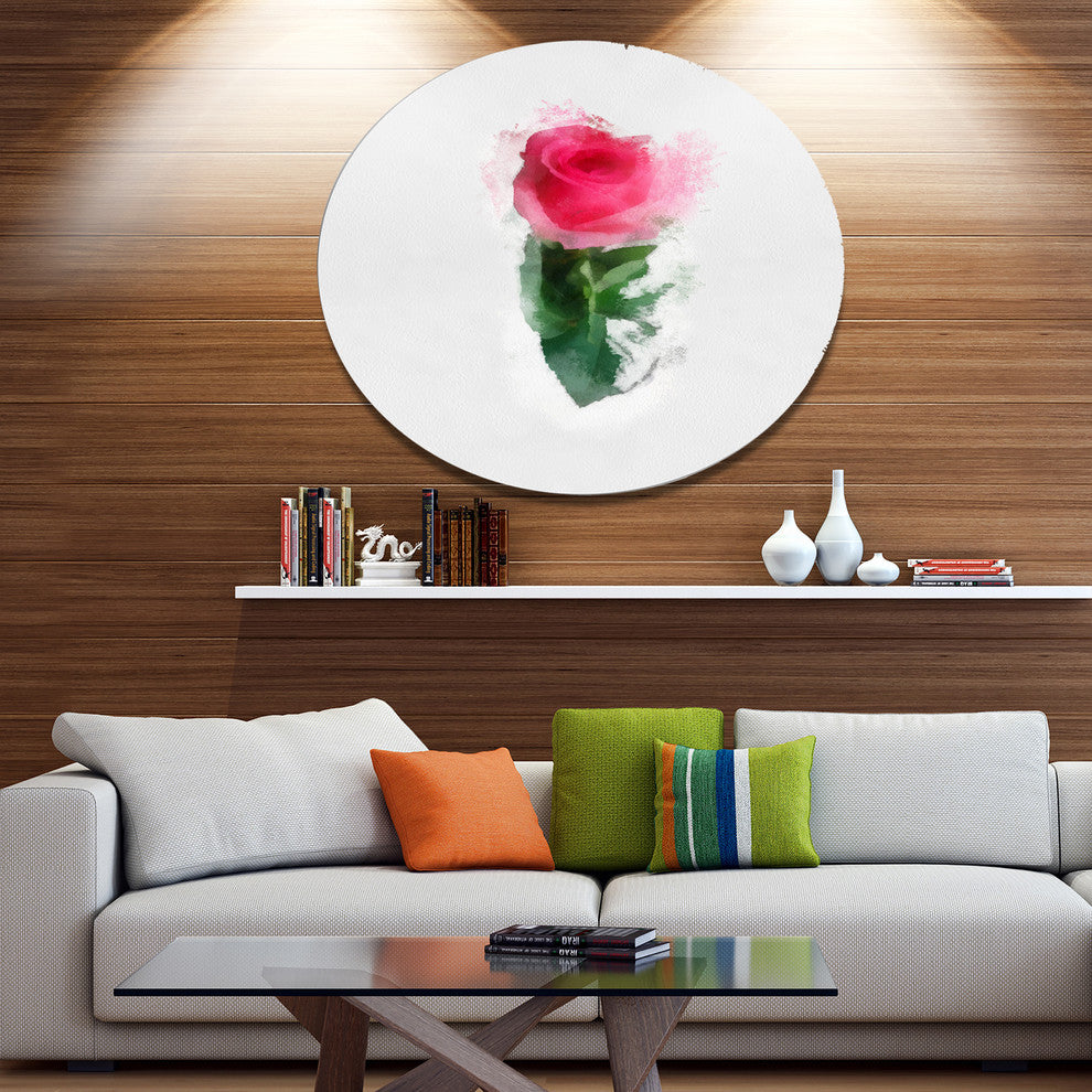 Beautiful Rose With Leaves Drawing, Floral Disc Metal Wall Art, 11"