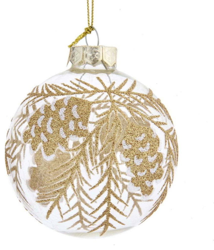 Kurt Adler 80MM Clear with Gold Pinecones Glass Ball Ornaments, 6-Piece Set