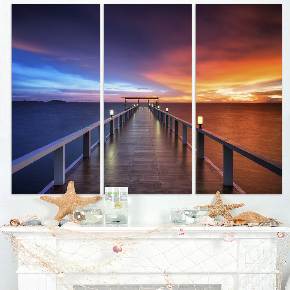 "Picturesque Seashore With Long Pier" Sea Pier Metal Wall Art, 3 Panels, 36"x28"