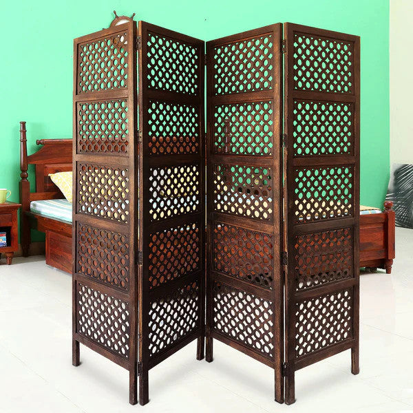 Benzara BM01876 4 Panel Mango Wood Room Divider, Circular Cutout Design, Brown