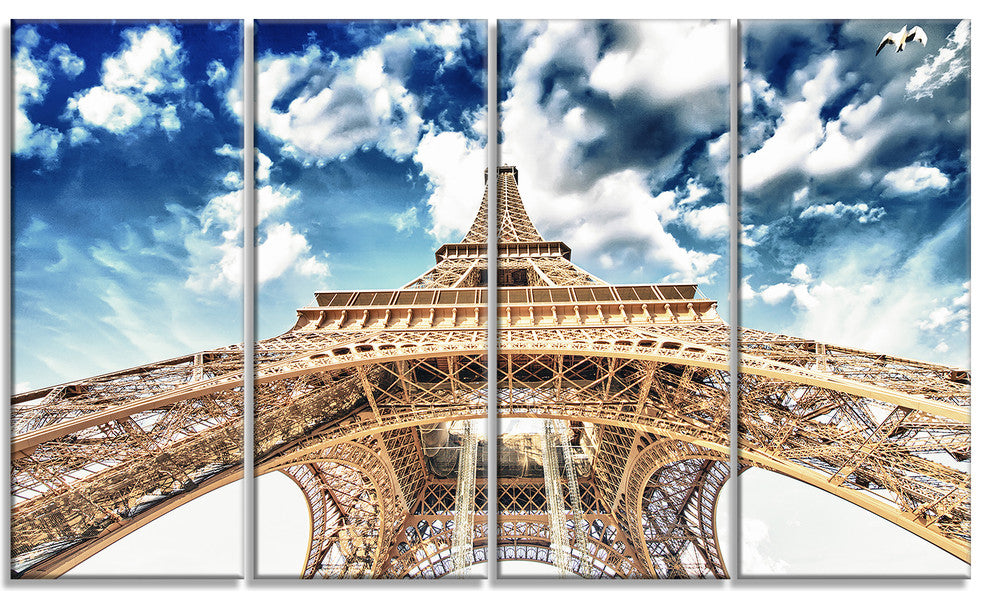 "Beautiful View of Paris Eiffel Tower Under Clouds" Wall Art, 48"x28", 4-Panels
