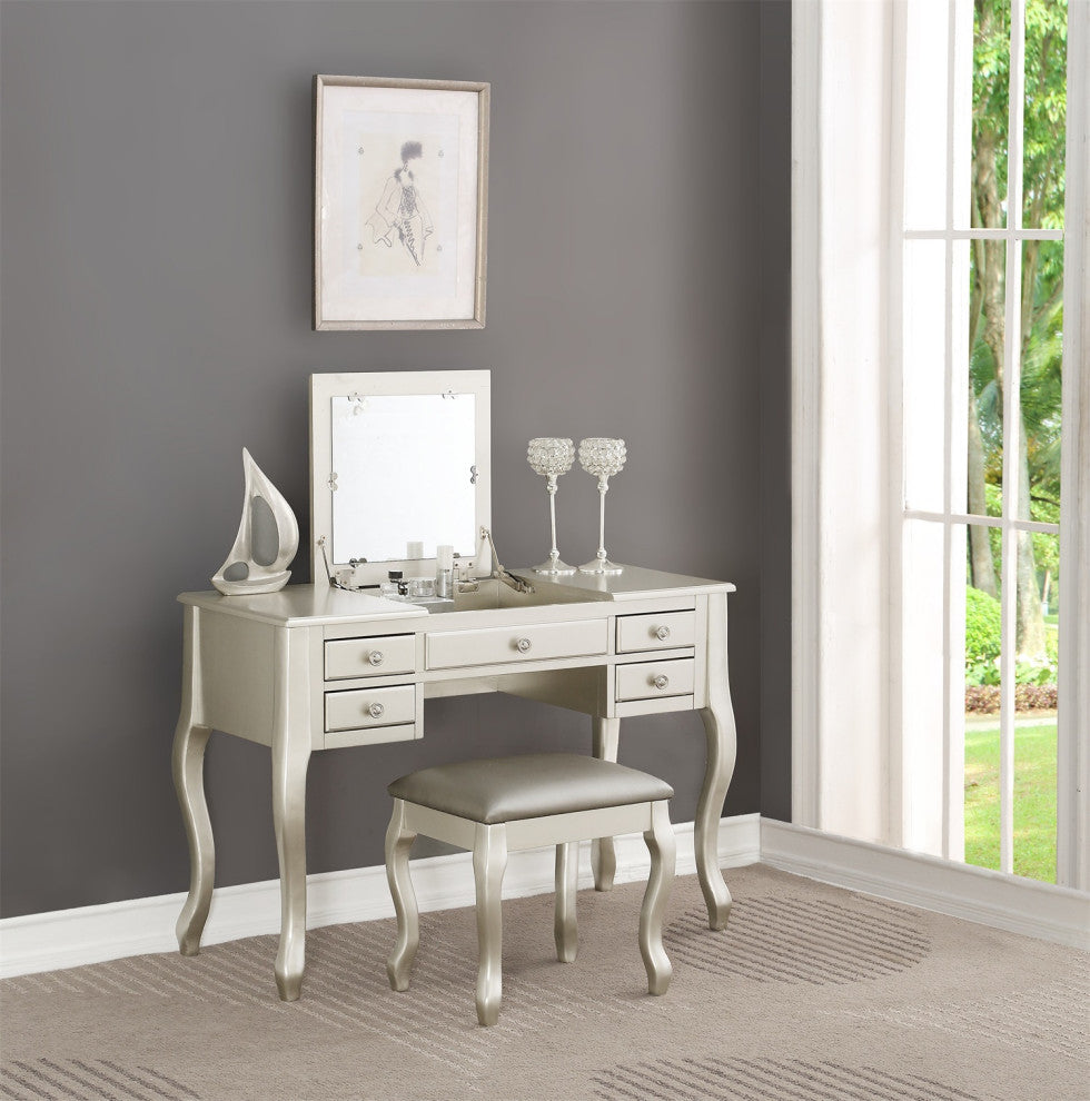 Flip Up Mirror Vanity Set With Stool, Silver