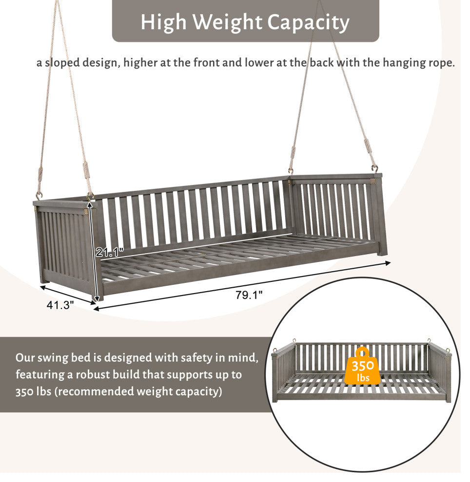 GDF Studio Acacia Wood Twin Size Garden Porch Swing Bed, Gray