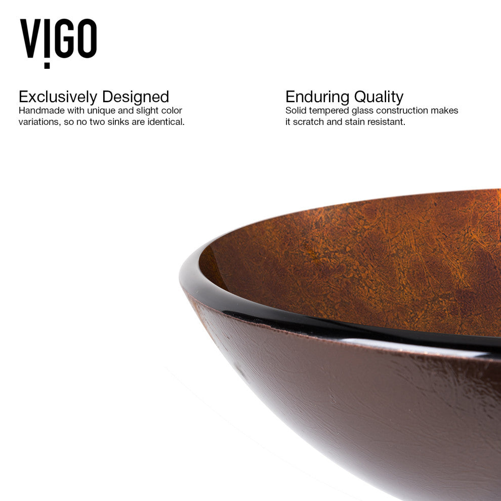 VIGO Giovanni 17"L x 17"W x 6"H Glass Round Vessel Bathroom Sink, Gold and Brown Fusion