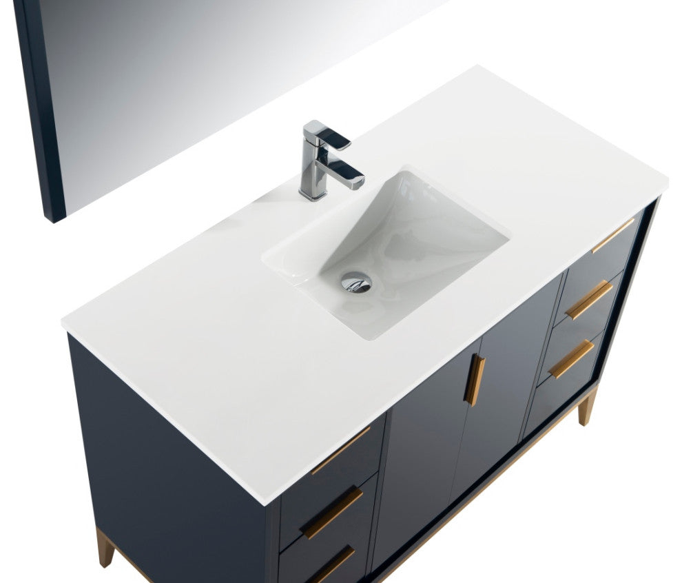 DIVANI 48" Vanity WithQuartz Counter Top, Gloss White, Navy Blue