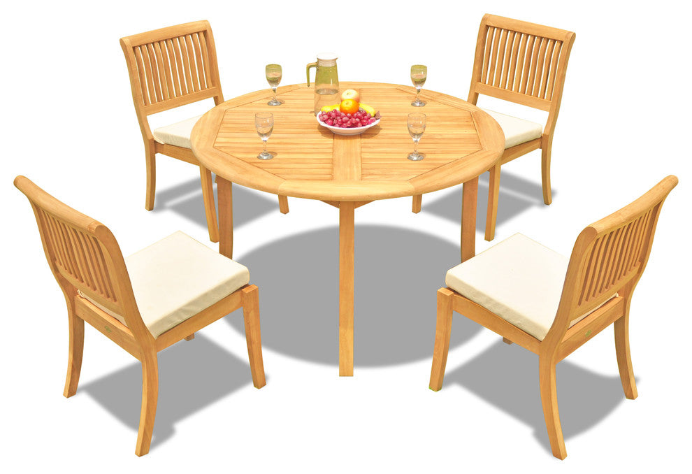 5-Piece Outdoor Teak Dining Set, 48" Round Table, 4 Arbor Stacking Chairs