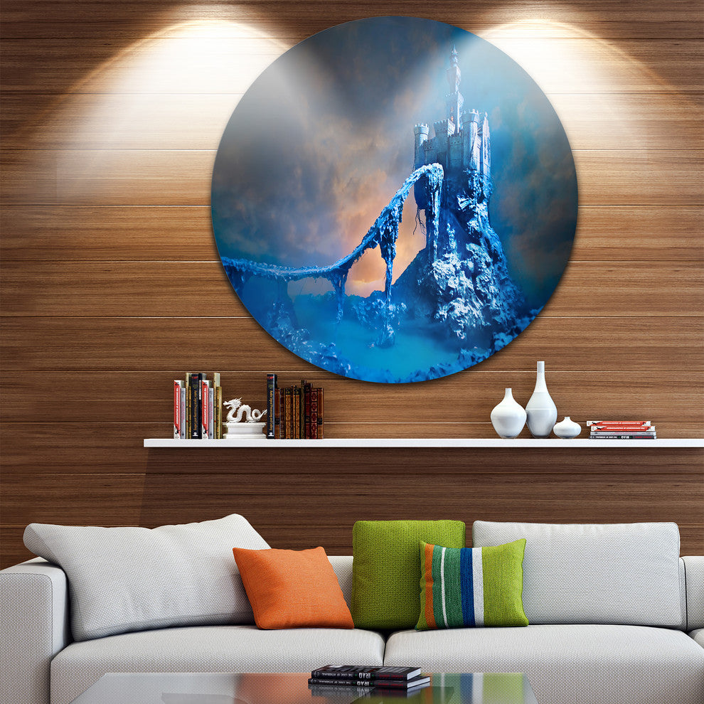 Old Blue Castle, Contemporary Round Metal Wall Art, 23"