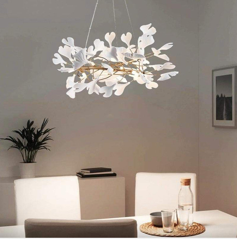 Ceramic Ginkgo Leaf Tree Branch Chandelier Lighting, D32"