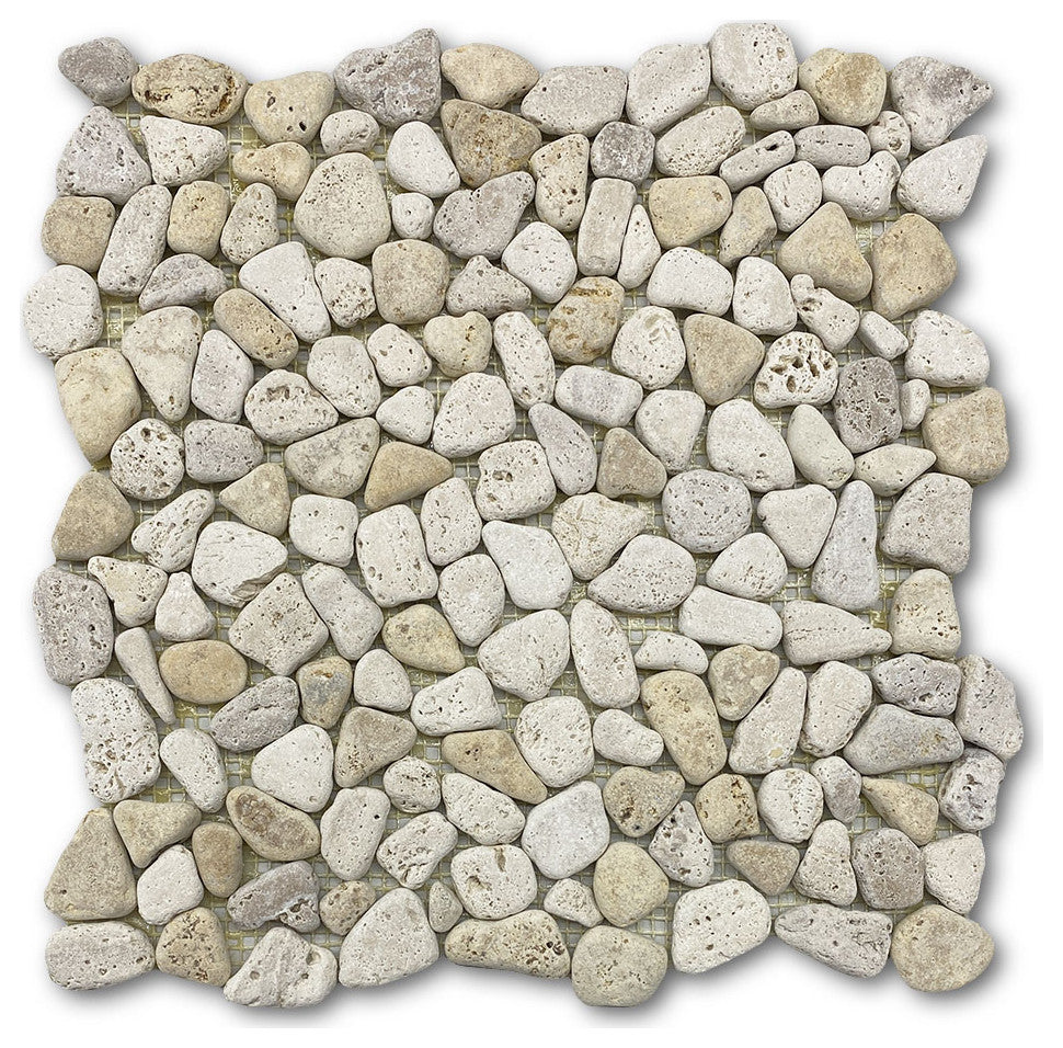 Non Slip Shower Floor Tile Tumbled Pebble Stone Travertine Giallo, 1 sheet
