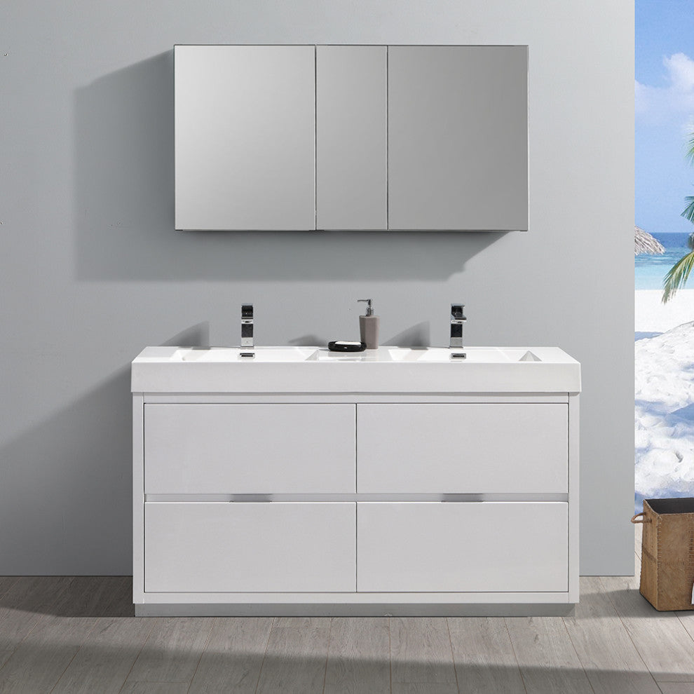Valencia 60" Glossy White Free Standing Double Sink Vanity, Faucet FFT3071BN