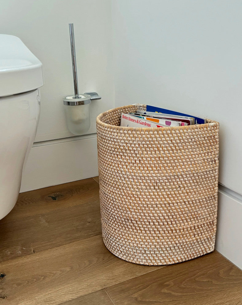 Loma Handwoven Half-Moon Rattan Waste Basket, Honey Brown, White-Wash