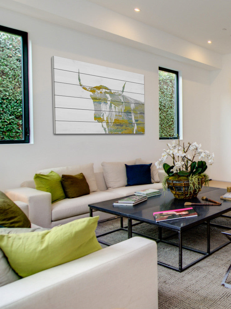 "Yellow Steer" Painting Print on White Wood, 18"x12"