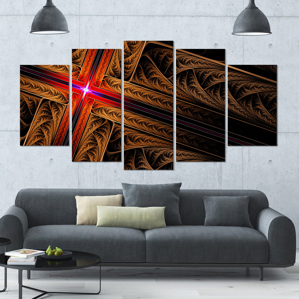 Golden Fractal Cross Design, Contemporary Canvas Art Print, 60"x32", 5 Panels