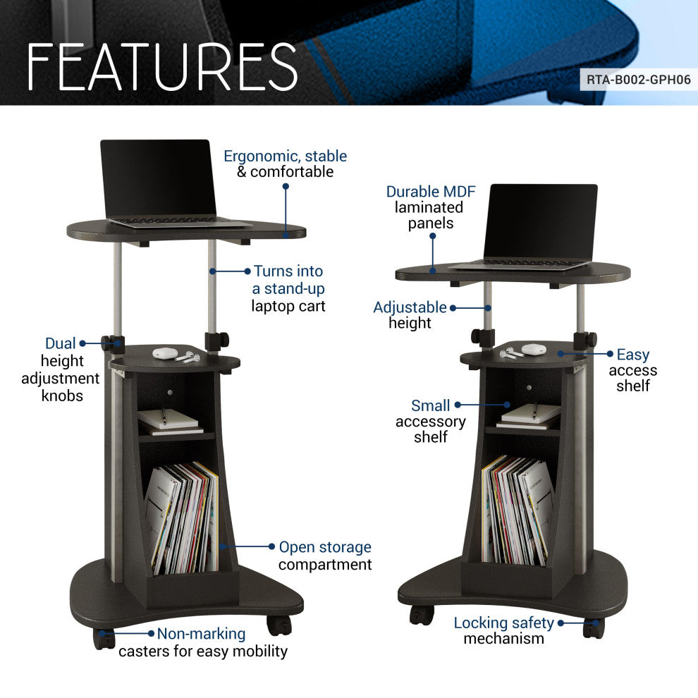 Rolling Adjustable Height Laptop Cart With Storage, Graphite