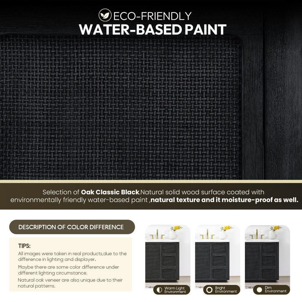 Busan Bath Vanity, Quartz Top No Mirror, Oak Classic Black, 36", Single Vanity