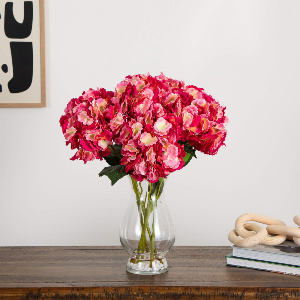 20" Artificial Hydrangea Arrangement, Glass Vase, Pink
