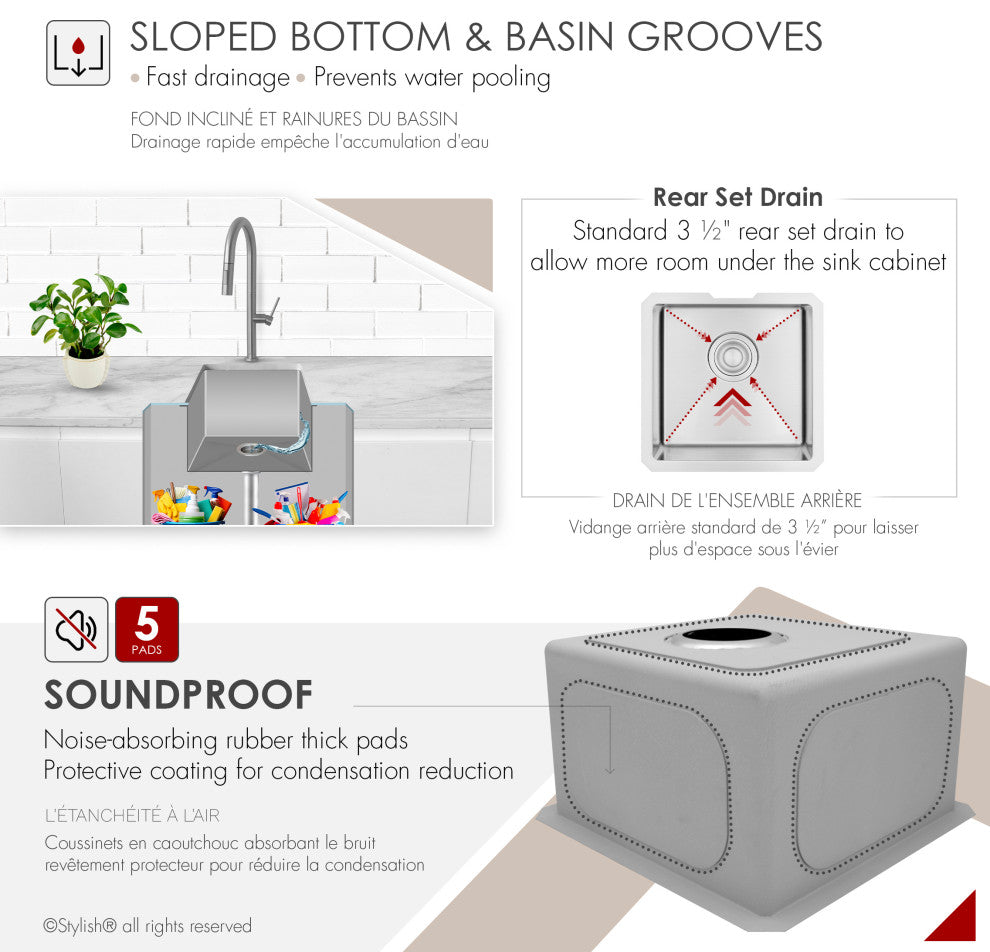 STYLISH 15"L x 15"W Stainless Steel Single Basin Undermount Bar Sink with Grid