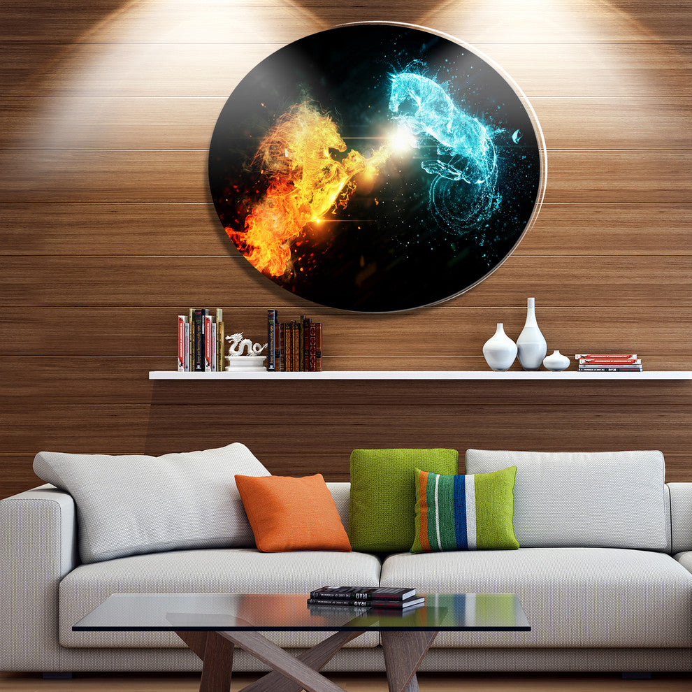 Fire And Water Abstract Horses, Animal Disc Metal Artwork, 36"