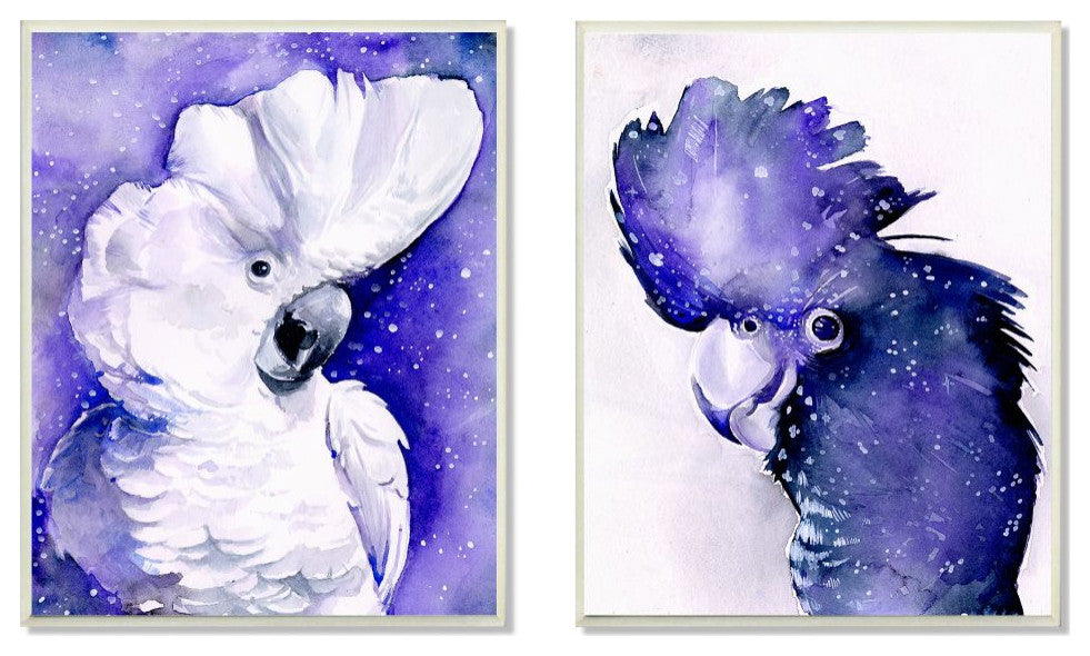 Space Birds Purple Watercolor Animal Painting 2-Piece Set, 10"x15", Wood Wall Ar