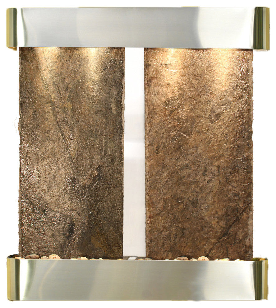 Aspen Falls Water Fountain, Natural Green Slate, Stainless Steel, Round