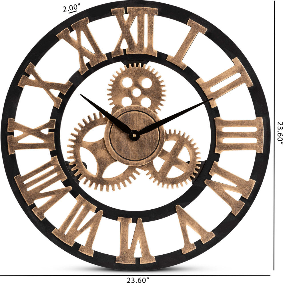 Industrial Vintage Style Black and Distressed Brown Finished Wood Wall Clock
