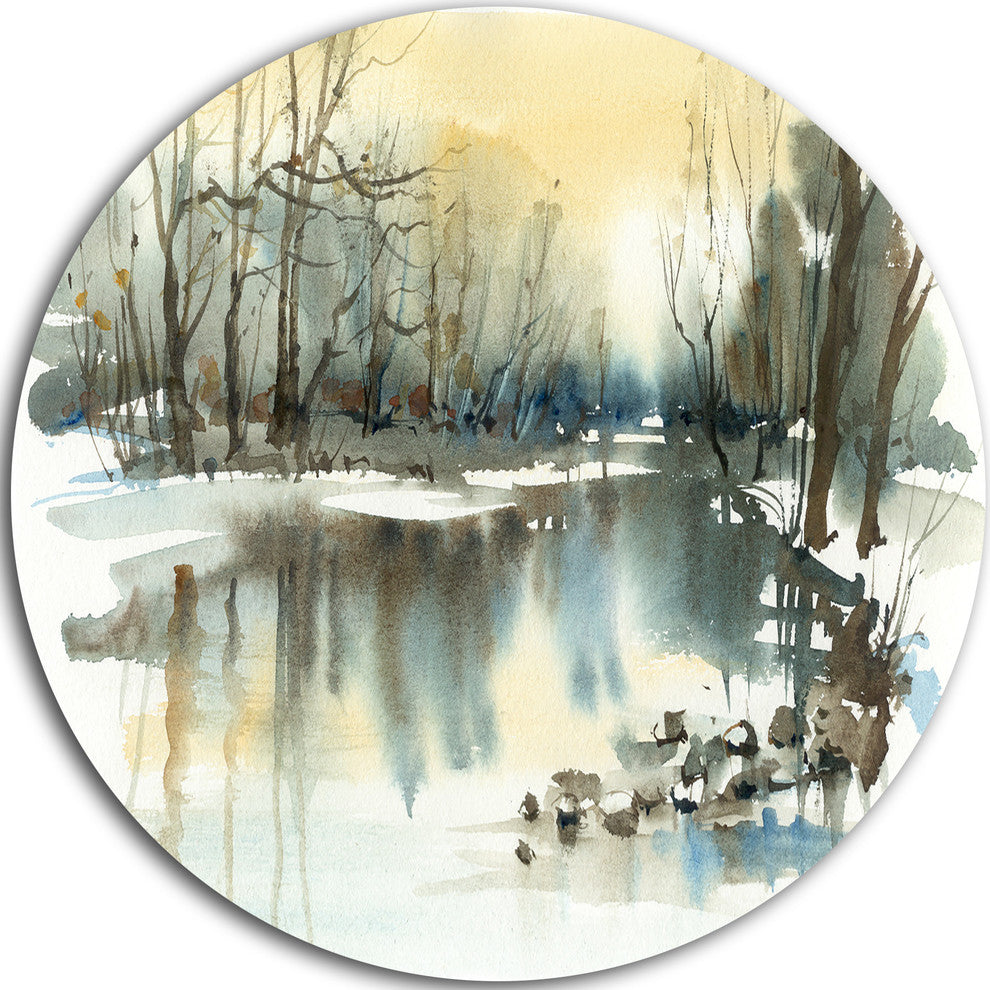 River In Winter, Landscape Painting Round Metal Wall Art, 11"