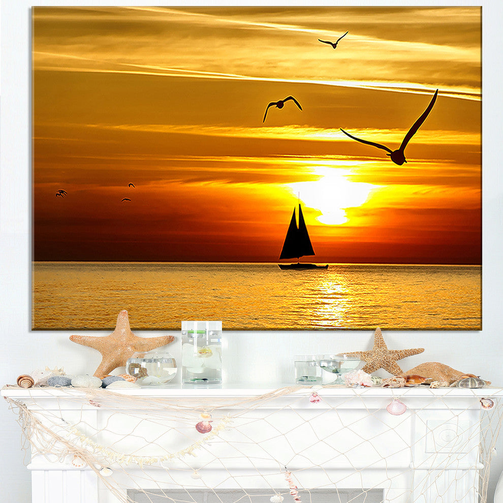 "Bright Yellow Beach With Birds" Seashore Canvas Print, 32"x16"