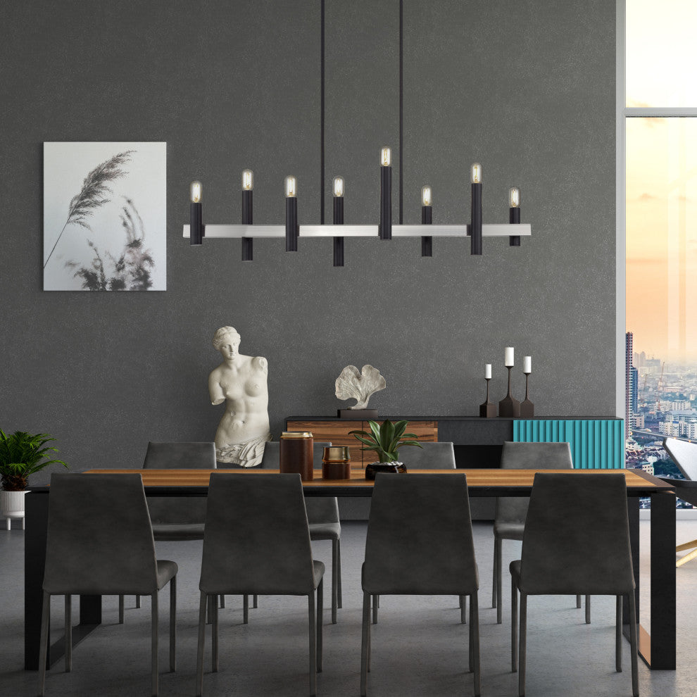 Helsinki 8-Light Black Extra Large Linear Chandelier with Brushed Nickel Accents
