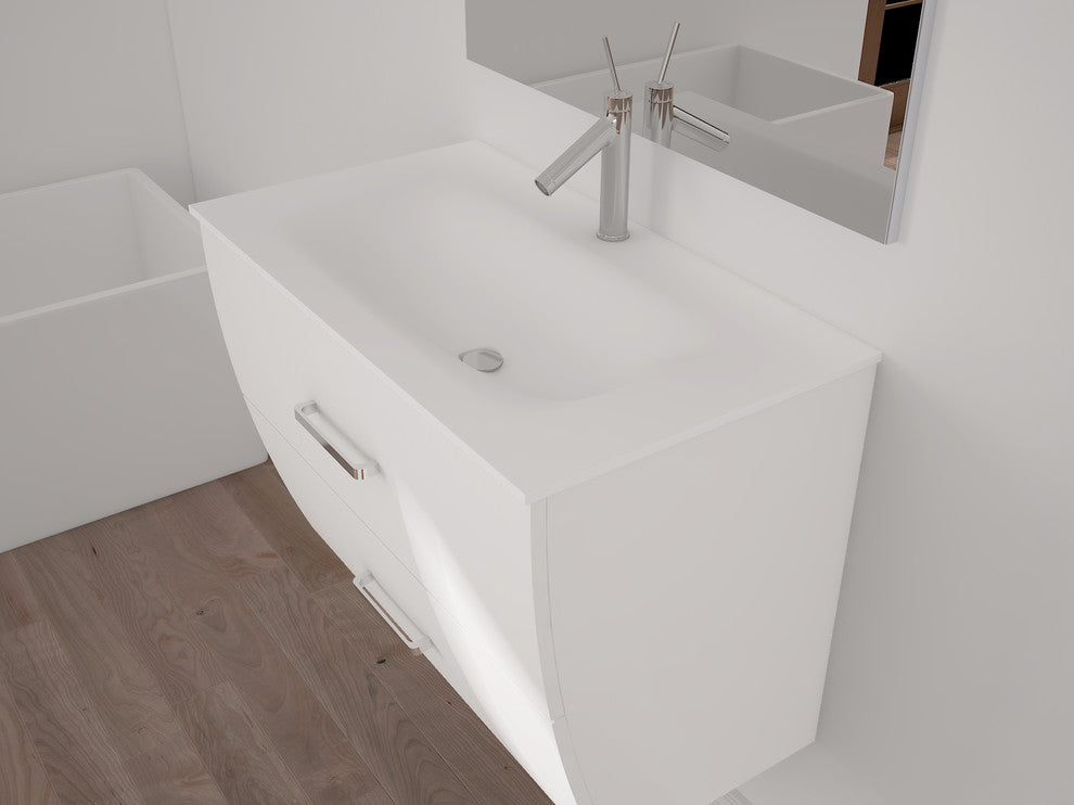 Wave Bathroom Vanity Gloss and Matte Sink Console, White, 32", Without Mirror