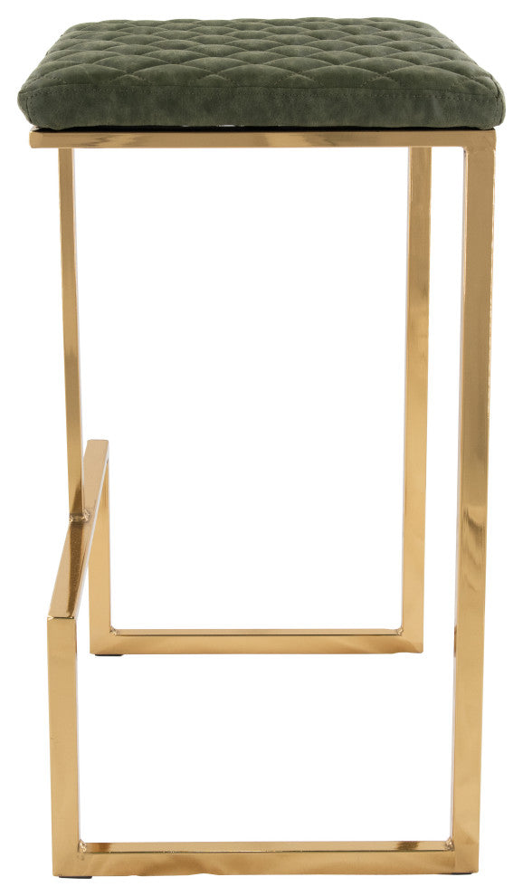 Quincy Leather Barstool Square Seats and Gold Metal Frame, Olive Green