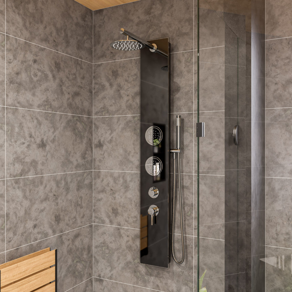 Black Glass Shower Panel with 2 Body Sprays and Rain Shower Head