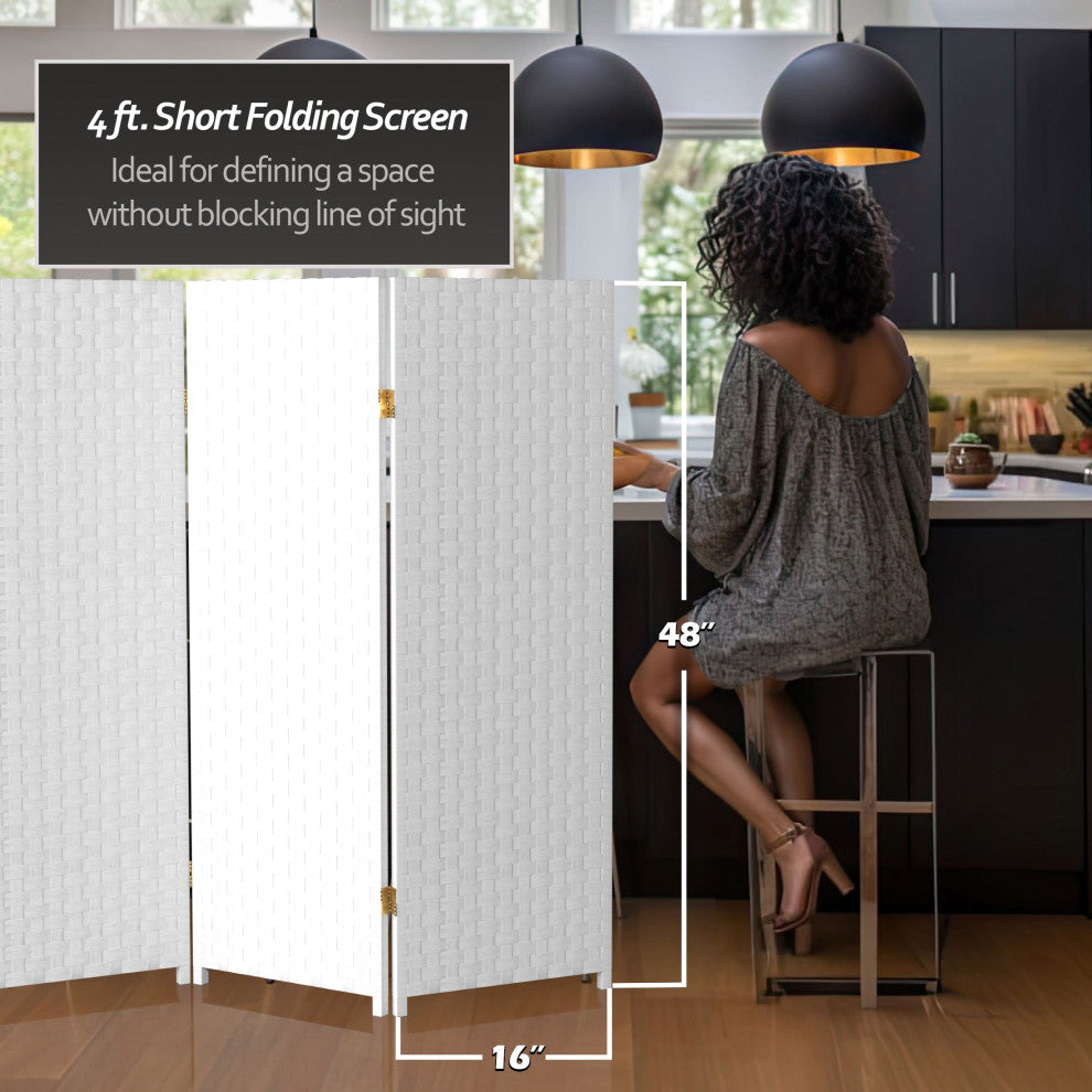 4' Tall Woven Fiber Room Divider, White, 4 Panel
