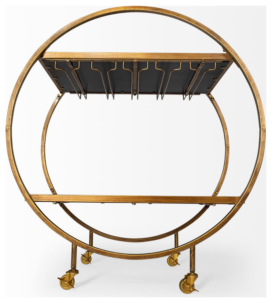 Carola Gold Frame Two-Tier Glass Shelves w/ Stemware Holder Bar Cart