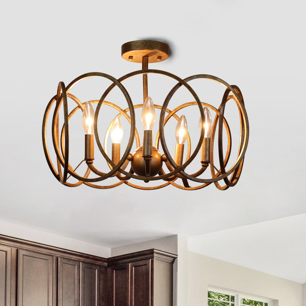Archer Farmhouse Antique Brass 4 Light Semi-Flush 24" Wide