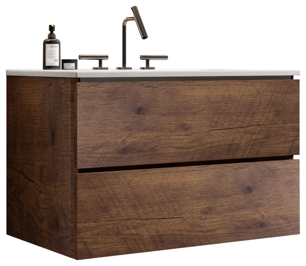 Wall-Mounted Bathroom Vanity Set with Ceramic Sink with three faucet holes, Walnut, 30"