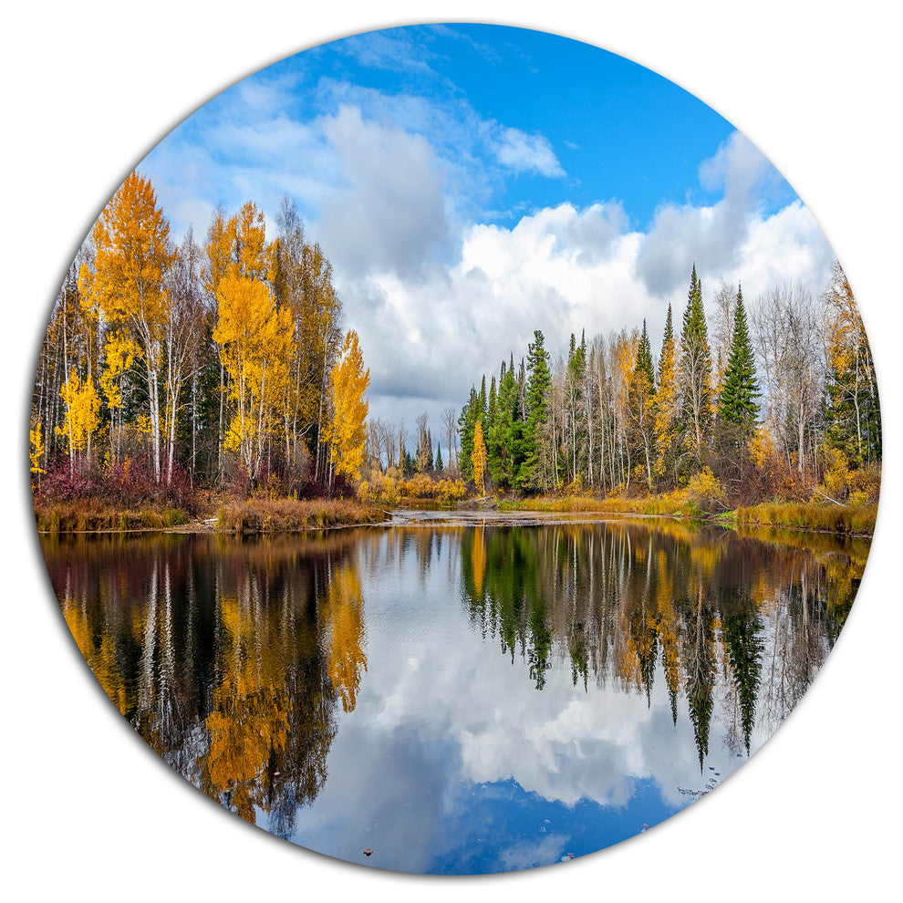 Nice Autumn Trees With Forest Lake, Landscape Disc Metal Artwork, 11"
