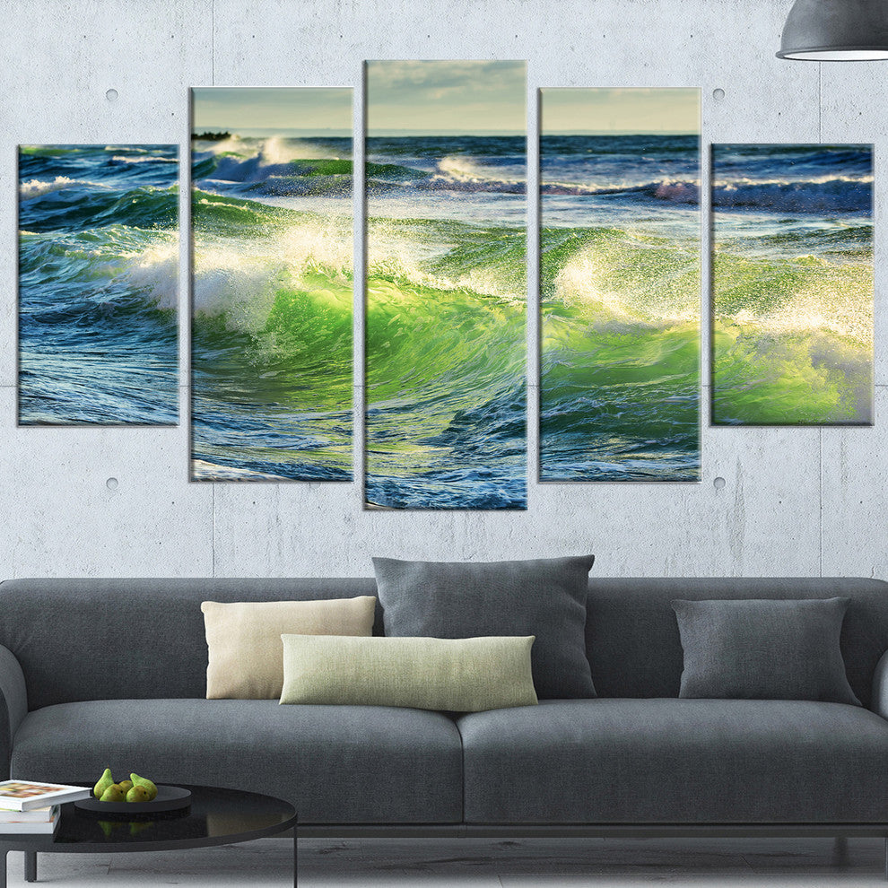 "Sunrise And Shining Waves in Ocean" Beach Canvas Wall Art, 5 Panels, 60"x32"