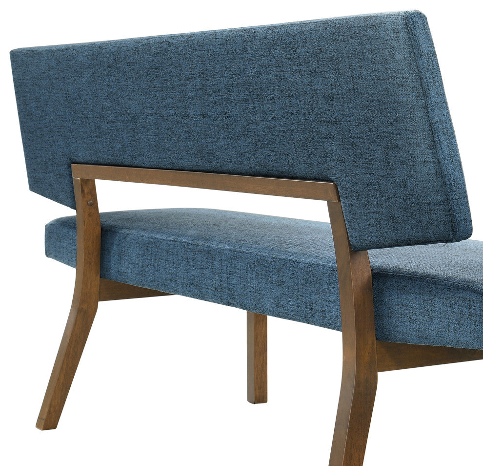 Channell Wood Dining Bench, Walnut Finish With Blue Fabric