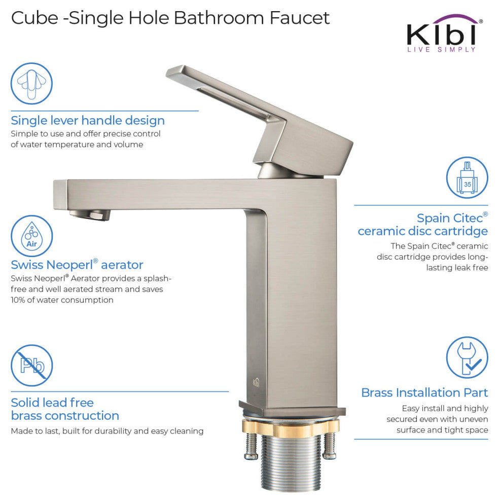 Cubic Single Hole Bathroom Faucet KBF1002, Brush Nickel, W/ Drain