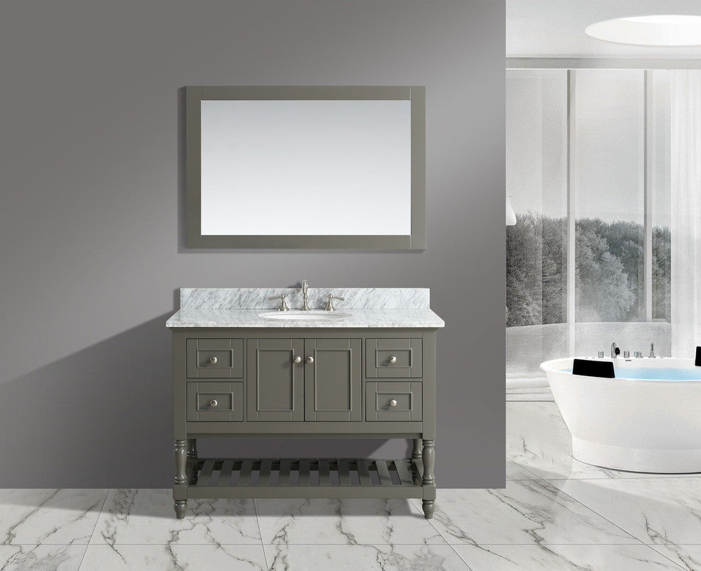 Silvia Bathroom Sink Vanity Set, White Marble Top, Base: Distressed Gray, 48"