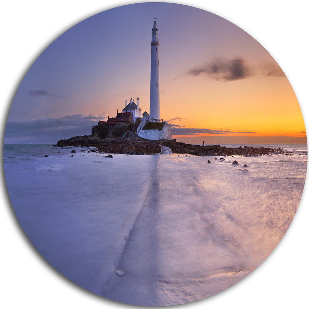 Sunrise Over St. Mary'S Lighthouse, Seascape Disc Metal Wall Art, 36"
