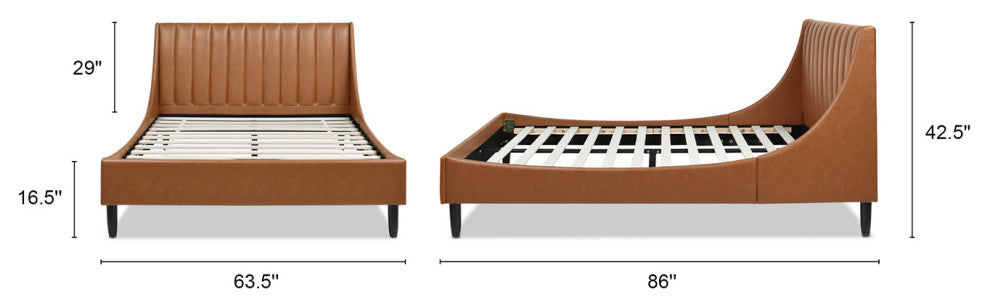 Aspen Modern Vertical Tufted Upholstered Platform Bed, Caramel Tan Brown Faux Leather, Queen