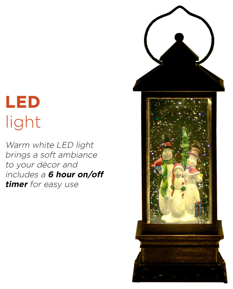 11"H Indoor Lantern Snowman Snow Globe Holiday Decoration with LED Light, Bronze