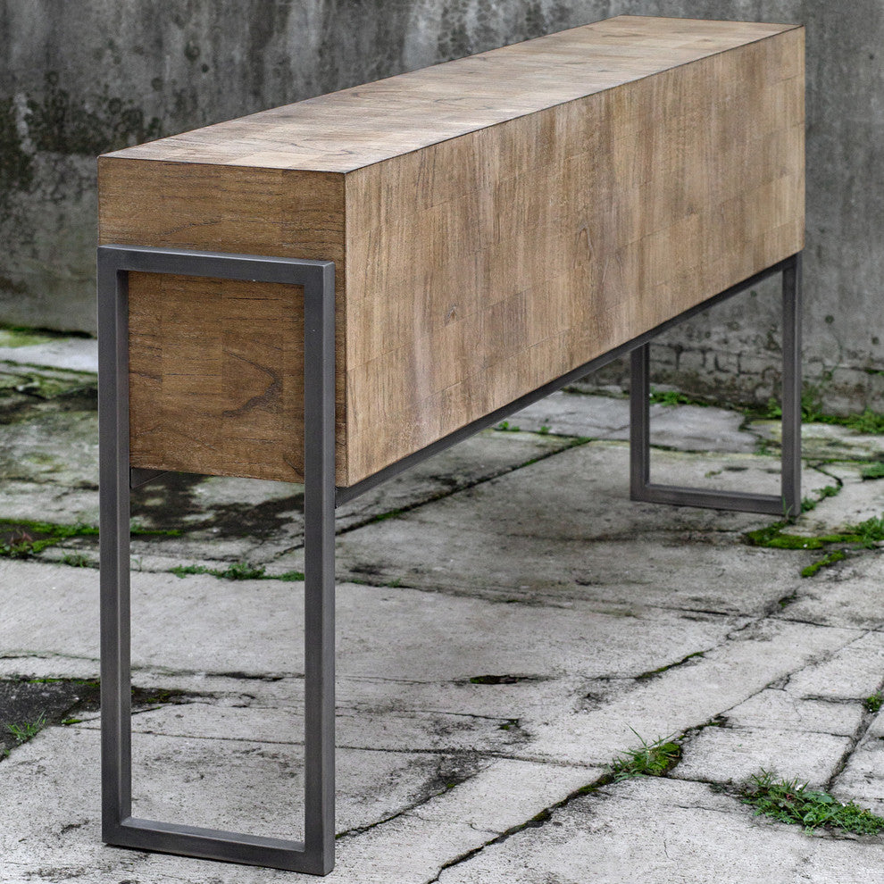 Luxe Minimalist Wood Block Slab Console Table Contemporary Modern Iron Cube�