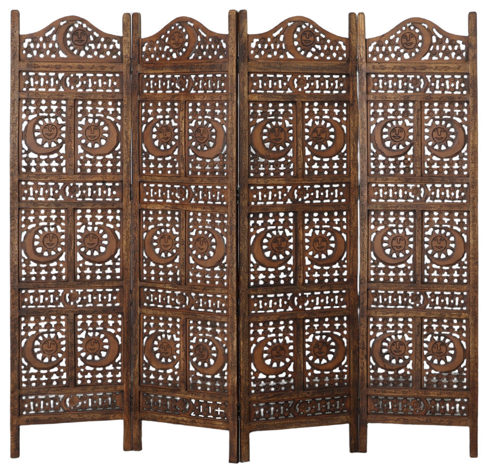 71" 4 Panel Mango Wood Room Divider Hand Carved Sun and Moon Design Brown