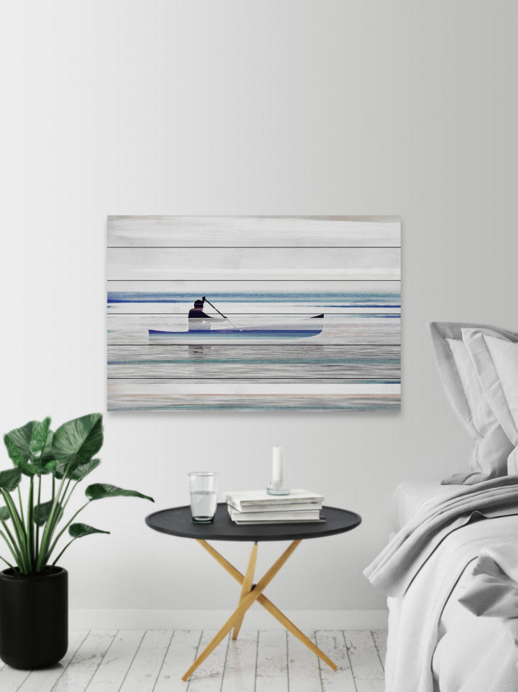 "Canoe on Calm Lake" Print on White Wood, 36"x24"
