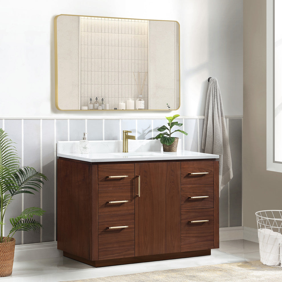 San Bath Vanity with Stone Top, Natural Walnut, 48", Single Vanity, With Mirror