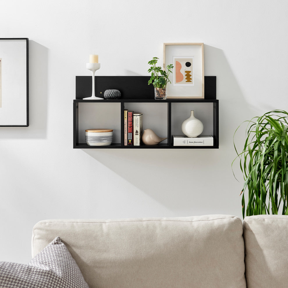 Danya B. Modern 3 Cube Floating Wall Shelf With Display Ledge, Black
